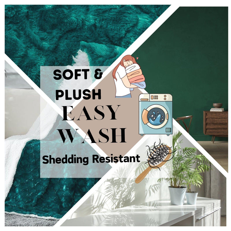 DaDa Bedding Mermaid Scales Emerald Green Blue w/ Sherpa Backside Faux Fur Throw Blanket (BL-171805) - DaDa Bedding Collection