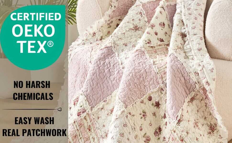 DaDalogy Cotton Patchwork Throw Blanket with floral and blush pink design, certified Oeko-Tex, easy wash, 50 x 60.
