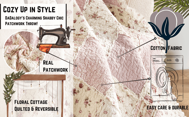 DaDalogy Cotton Patchwork Throw Blanket showcasing floral cottage quilted design, cozy textures, and durability features.