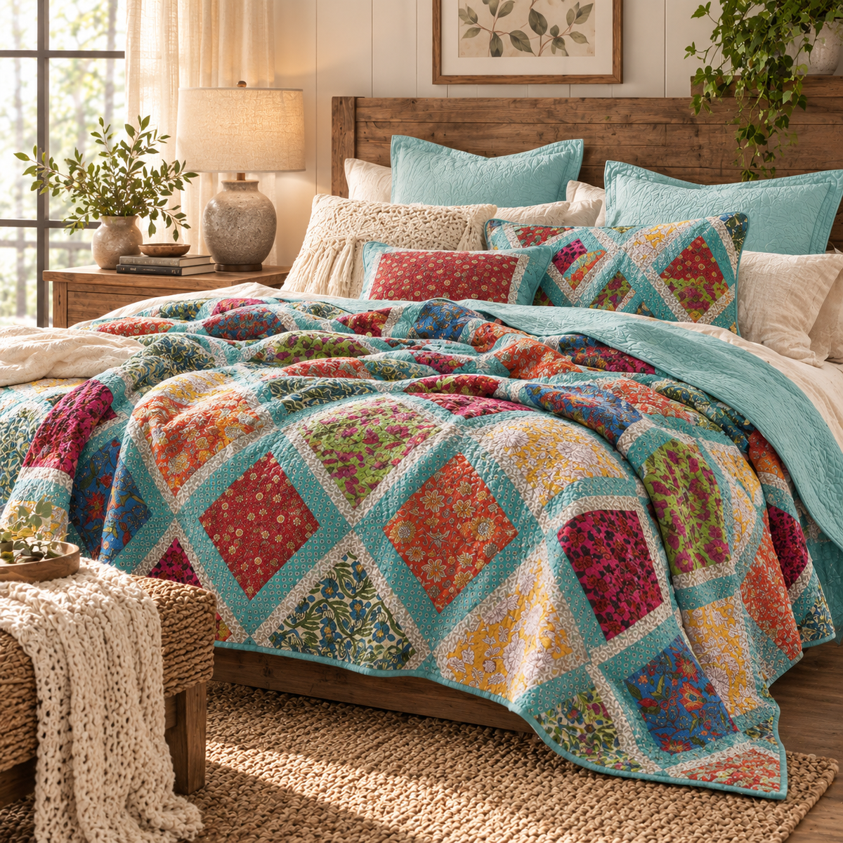 Dada Bedding Fairy Forest Glade Bohemian Floral Cotton Patchwork Bedspread Set (JHW-570)