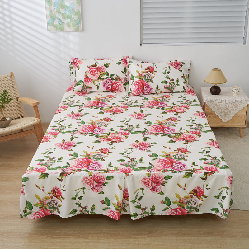 DaDa Bedding Romantic Roses Floral Bed Skirt - Matching Pink & White Ruffled Dust Ruffle for Quilted Coverlet Set - Lightweight & Breathable Polyester Bedskirt - DaDa Bedding Collection