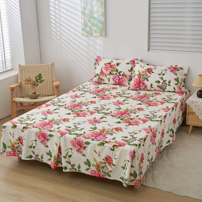 DaDa Bedding Romantic Roses Floral Bed Skirt - Matching Pink & White Ruffled Dust Ruffle for Quilted Coverlet Set - Lightweight & Breathable Polyester Bedskirt - DaDa Bedding Collection