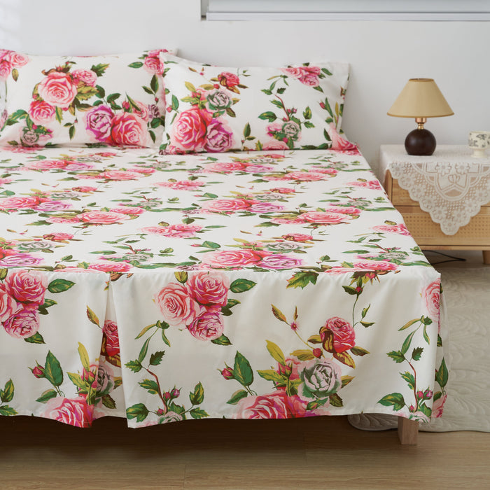 DaDa Bedding Romantic Roses Floral Bed Skirt - Matching Pink & White Ruffled Dust Ruffle for Quilted Coverlet Set - Lightweight & Breathable Polyester Bedskirt - DaDa Bedding Collection