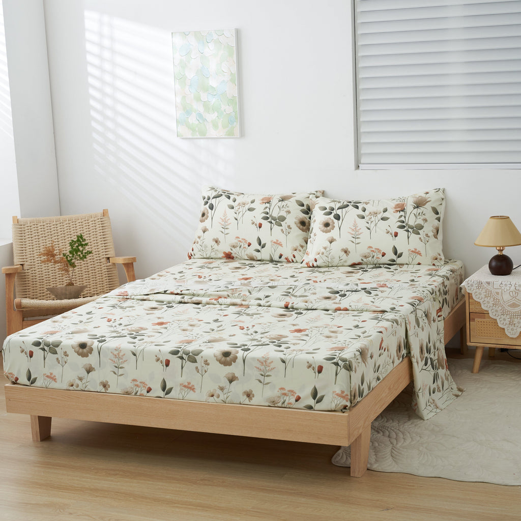 DaDalogy Enchanted Meadow Bed Sheet Set - Floral Harmony in Beige, Rose, and Soft Green, Premium Soft Microfiber, Machine Washable, Deep Pocket 14 - 15 Inches + Flat Sheet - DaDa Bedding Collection