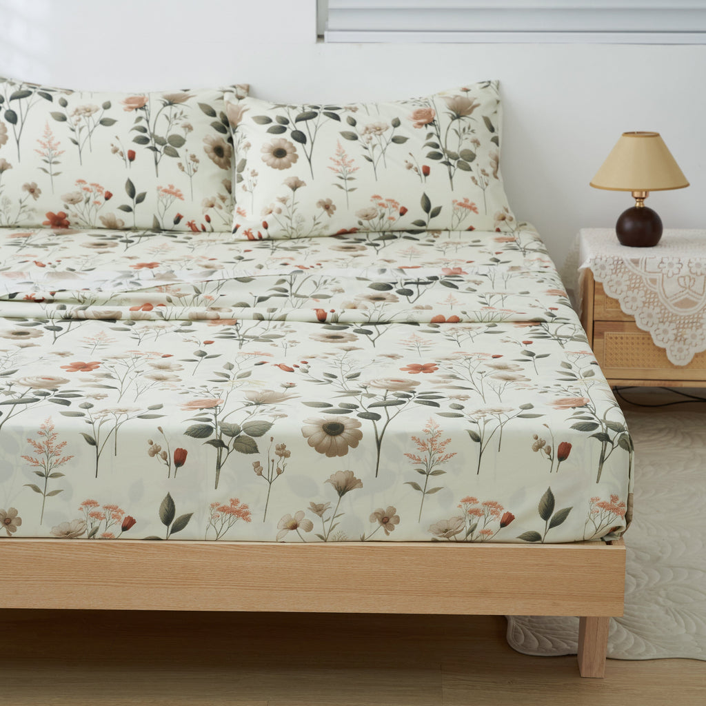 DaDalogy Enchanted Meadow Bed Sheet Set - Floral Harmony in Beige, Rose, and Soft Green, Premium Soft Microfiber, Machine Washable, Deep Pocket 14 - 15 Inches + Flat Sheet - DaDa Bedding Collection