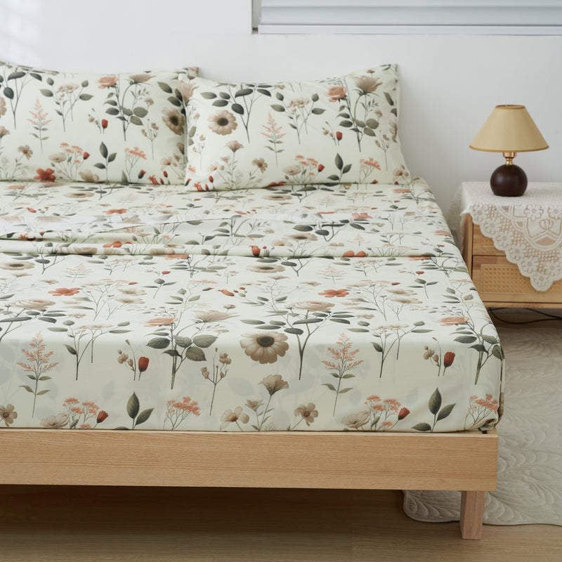DaDalogy Enchanted Meadow Bed Sheet Set - Floral Harmony in Beige, Rose, and Soft Green, Premium Soft Microfiber, Machine Washable, Deep Pocket 14 - 15 Inches + Flat Sheet - DaDa Bedding Collection