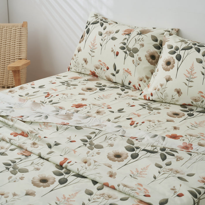 DaDalogy Enchanted Meadow Bed Sheet Set - Floral Harmony in Beige, Rose, and Soft Green, Premium Soft Microfiber, Machine Washable, Deep Pocket 14 - 15 Inches + Flat Sheet - DaDa Bedding Collection