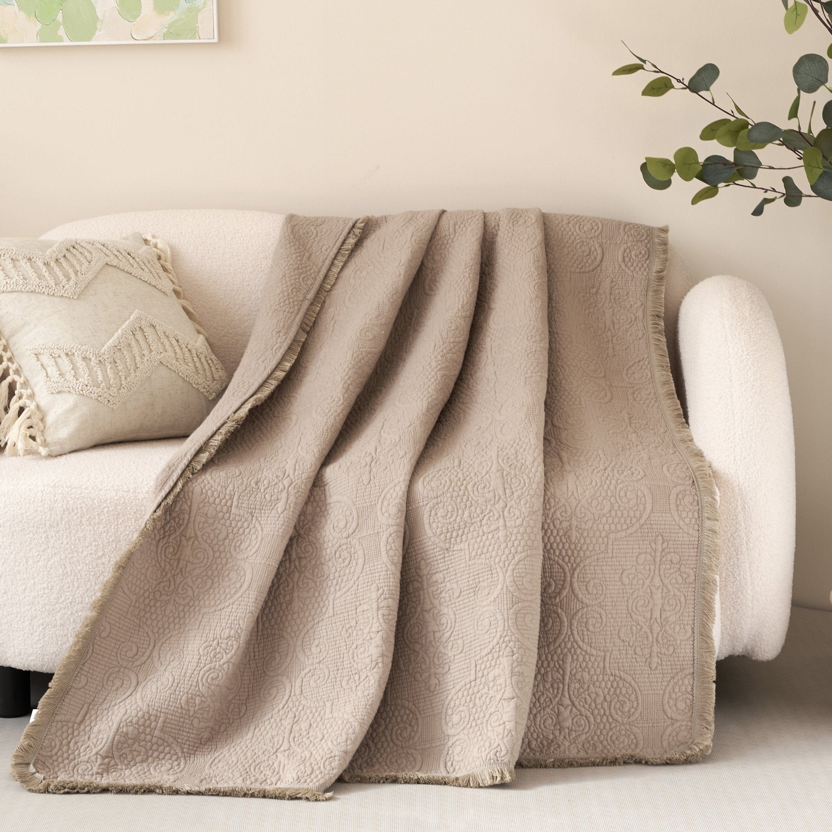 DaDa Bedding Elegant Fringed Cotton Quilted Throw Blanket - Luxurious Solid Soft Paisley Pattern, Cozy Lightweight Lap Throw, Perfect for Couch or Bed, Neutral Sandy Taupe Tan Beige, 50x60 Inches - DaDa Bedding Collection