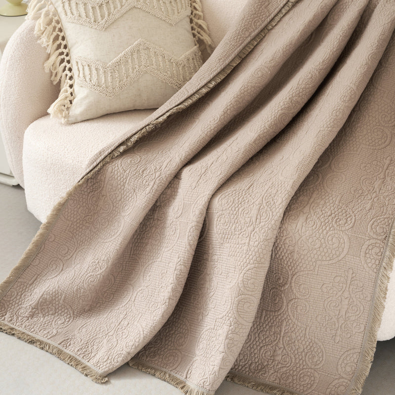 DaDa Bedding Elegant Fringed Cotton Quilted Throw Blanket - Luxurious Solid Soft Paisley Pattern, Cozy Lightweight Lap Throw, Perfect for Couch or Bed, Neutral Sandy Taupe Tan Beige, 50x60 Inches - DaDa Bedding Collection