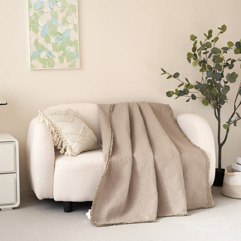 DaDa Bedding Elegant Fringed Cotton Quilted Throw Blanket - Luxurious Solid Soft Paisley Pattern, Cozy Lightweight Lap Throw, Perfect for Couch or Bed, Neutral Sandy Taupe Tan Beige, 50x60 Inches - DaDa Bedding Collection