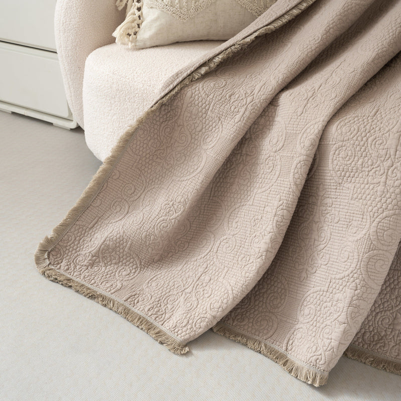DaDa Bedding Elegant Fringed Cotton Quilted Throw Blanket - Luxurious Solid Soft Paisley Pattern, Cozy Lightweight Lap Throw, Perfect for Couch or Bed, Neutral Sandy Taupe Tan Beige, 50x60 Inches - DaDa Bedding Collection