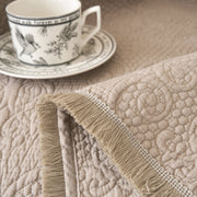 DaDa Bedding Elegant Fringed Cotton Quilted Throw Blanket - Luxurious Solid Soft Paisley Pattern, Cozy Lightweight Lap Throw, Perfect for Couch or Bed, Neutral Sandy Taupe Tan Beige, 50x60 Inches - DaDa Bedding Collection