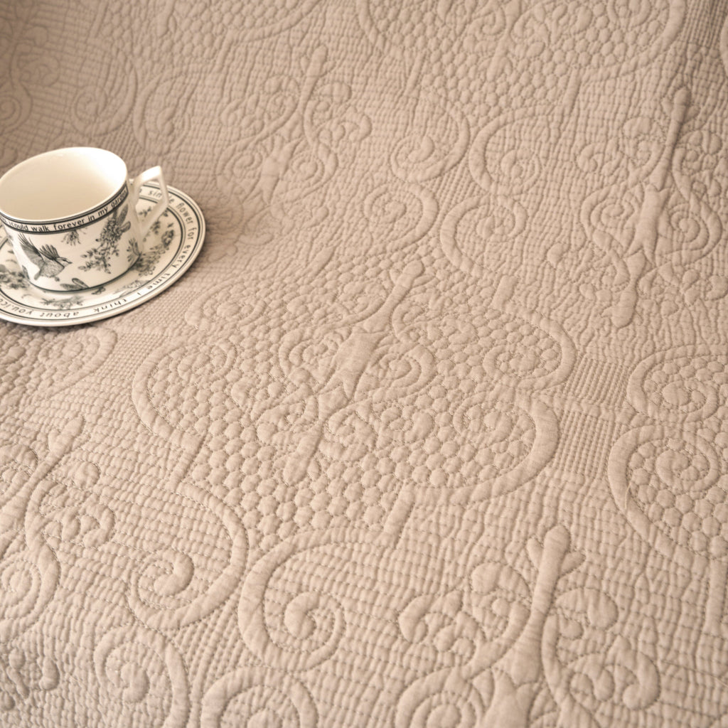 DaDa Bedding Elegant Fringed Cotton Quilted Throw Blanket - Luxurious Solid Soft Paisley Pattern, Cozy Lightweight Lap Throw, Perfect for Couch or Bed, Neutral Sandy Taupe Tan Beige, 50x60 Inches - DaDa Bedding Collection