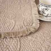 DaDa Bedding Elegant Fringed Cotton Quilted Throw Blanket - Luxurious Solid Soft Paisley Pattern, Cozy Lightweight Lap Throw, Perfect for Couch or Bed, Neutral Sandy Taupe Tan Beige, 50x60 Inches - DaDa Bedding Collection