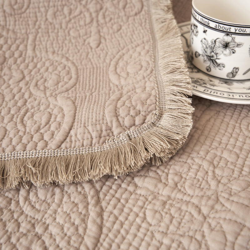 DaDa Bedding Elegant Fringed Cotton Quilted Throw Blanket - Luxurious Solid Soft Paisley Pattern, Cozy Lightweight Lap Throw, Perfect for Couch or Bed, Neutral Sandy Taupe Tan Beige, 50x60 Inches - DaDa Bedding Collection