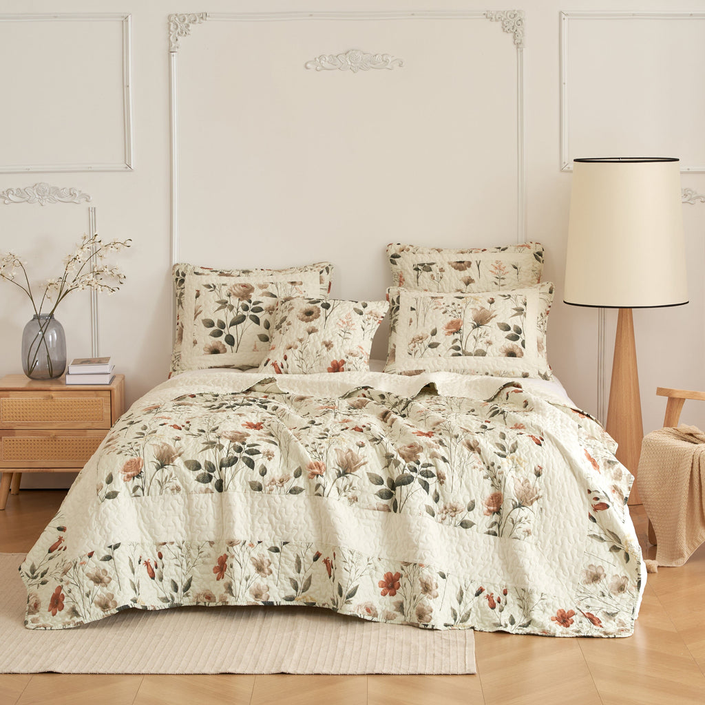 DaDalogy Enchanted Meadow Quilt Set - Victoria Garden Delicate Floral Symphony in Beige, Rose, and Soft Green, Luxuriously Soft Quilted Bedspread Set - DaDa Bedding Collection