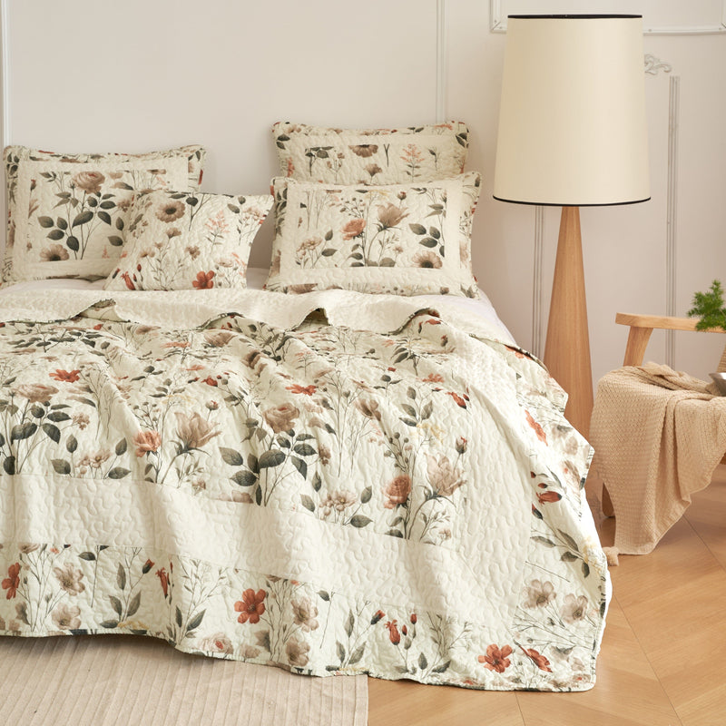 DaDalogy Enchanted Meadow Quilt Set - Victoria Garden Delicate Floral Symphony in Beige, Rose, and Soft Green, Luxuriously Soft Quilted Bedspread Set - DaDa Bedding Collection