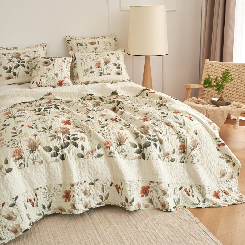 DaDalogy Enchanted Meadow Quilt Set - Victoria Garden Delicate Floral Symphony in Beige, Rose, and Soft Green, Luxuriously Soft Quilted Bedspread Set - DaDa Bedding Collection