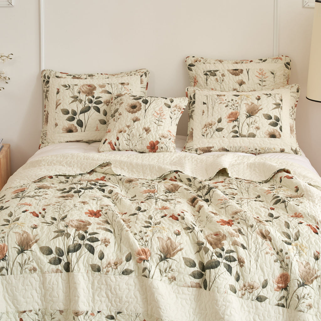 DaDalogy Enchanted Meadow Quilt Set - Victoria Garden Delicate Floral Symphony in Beige, Rose, and Soft Green, Luxuriously Soft Quilted Bedspread Set - DaDa Bedding Collection