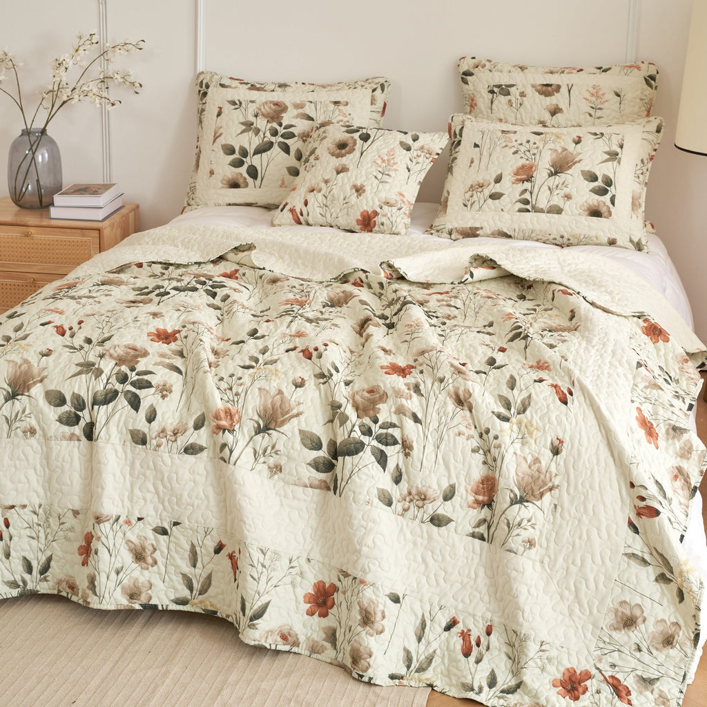 DaDalogy Enchanted Meadow Quilt Set - Victoria Garden Delicate Floral Symphony in Beige, Rose, and Soft Green, Luxuriously Soft Quilted Bedspread Set - DaDa Bedding Collection
