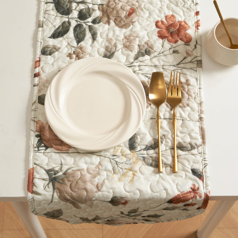 DaDalogy Enchanted Meadow Reversible Dinner Table Runner - Floral Elegance in Beige, Rose, and Soft Olive Green, Premium Soft Microfiber Quilted Table Runner - DaDa Bedding Collection