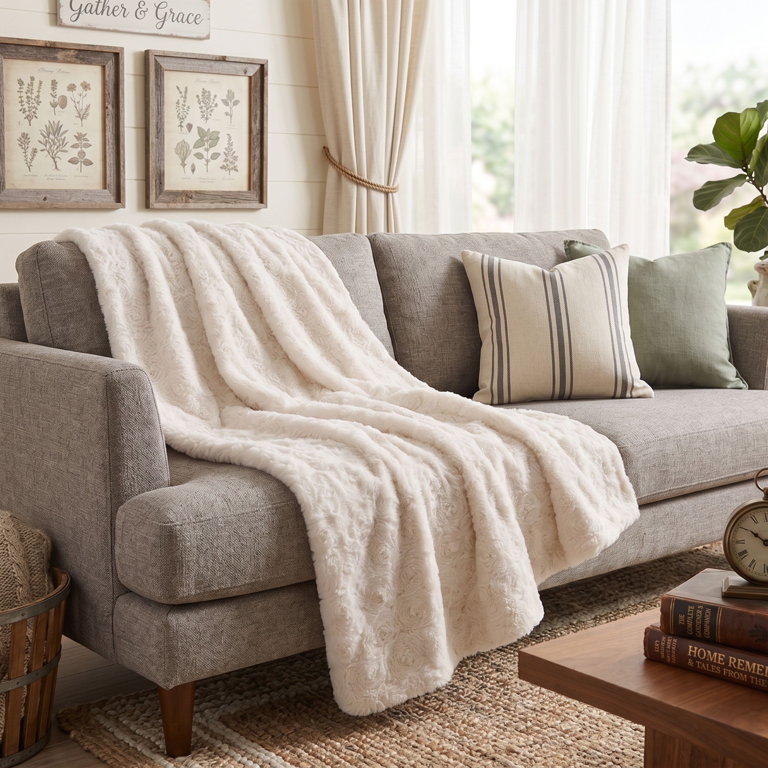 Plush white rose-textured faux fur throw blanket draped over a gray sofa in a rustic, cozy living room.