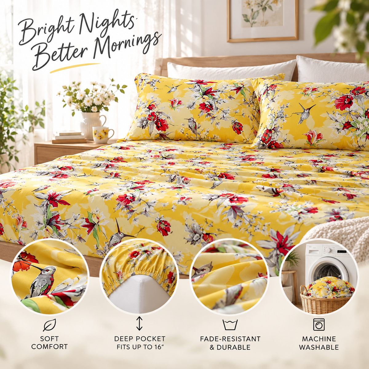 DaDa Bedding Sunshine Yellow Hummingbirds Floral Fitted & Flat Bed Sheets Set (JHW-925)