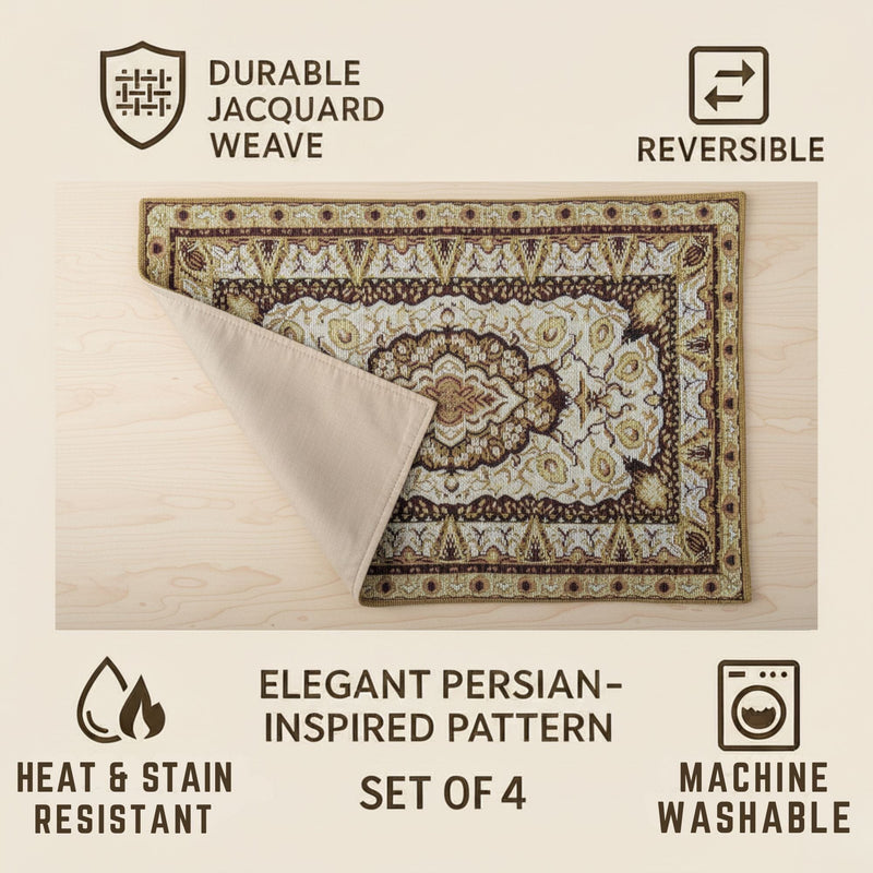 DaDa Bedding Set of 4-6 Pieces Royal Persian Style Rug Golden Brown Floral Tapestry Placemats 13” x 19” (18119)