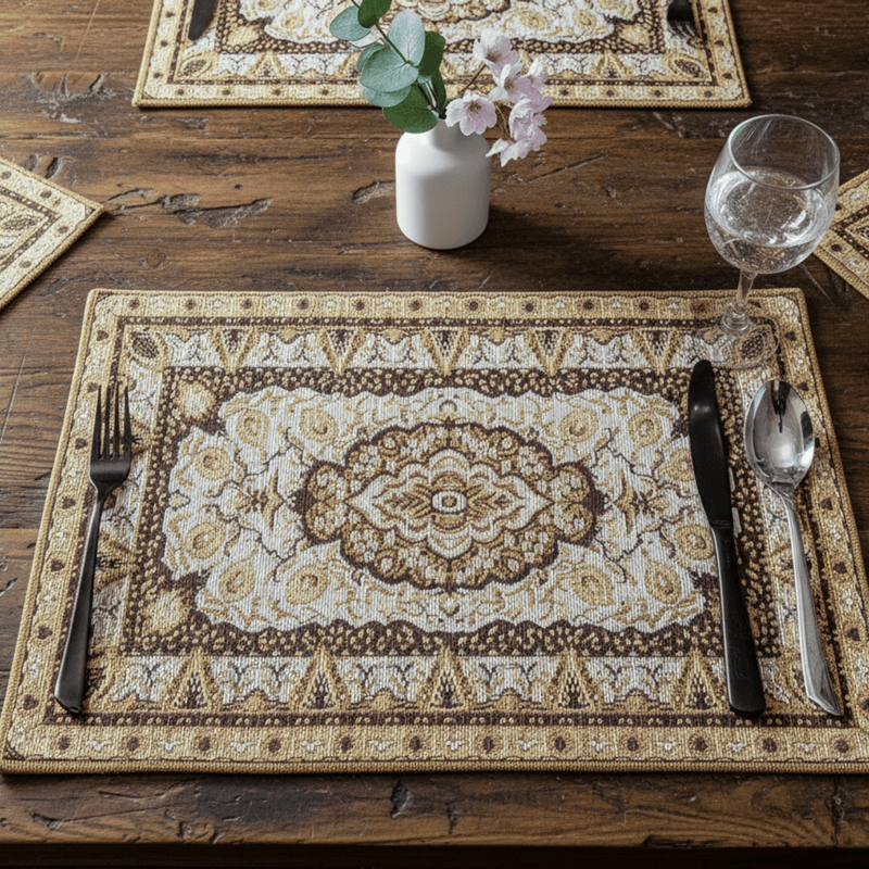 Decorative placemat with cutlery on a wooden table persian style tapestry placemat