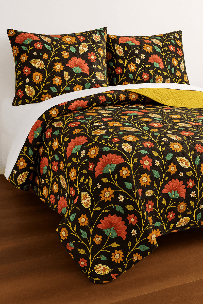 DaDa Bedding Marigold’s Floral Brown Yellow Botanical Garden Quilted Bedspread Set (HS-3330)