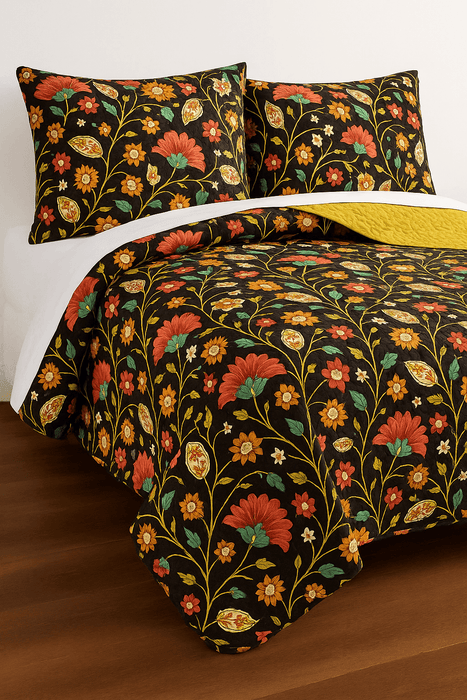 DaDa Bedding Marigold’s Floral Brown Yellow Botanical Garden Quilted Bedspread Set (HS-3330)