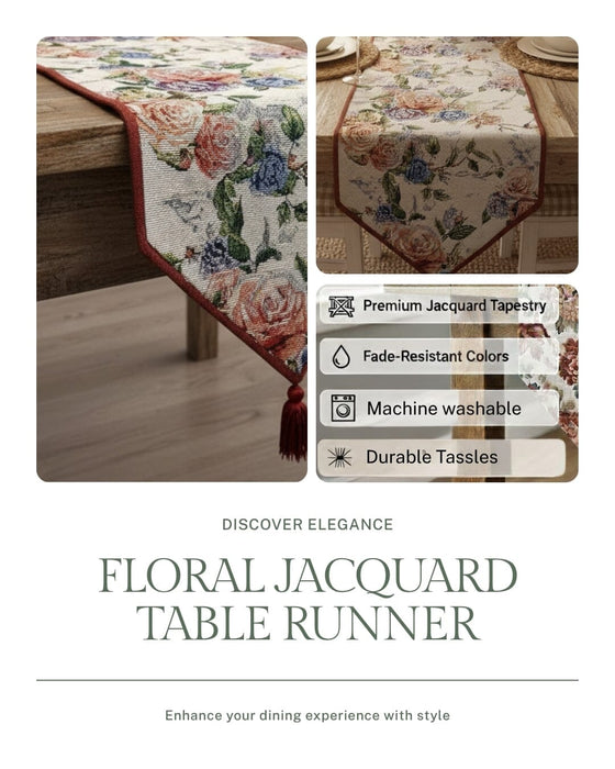 DaDa Bedding Vintage Romantic Roses Lovely Pink Floral Woven Tapestry Dining Table Runner (879)