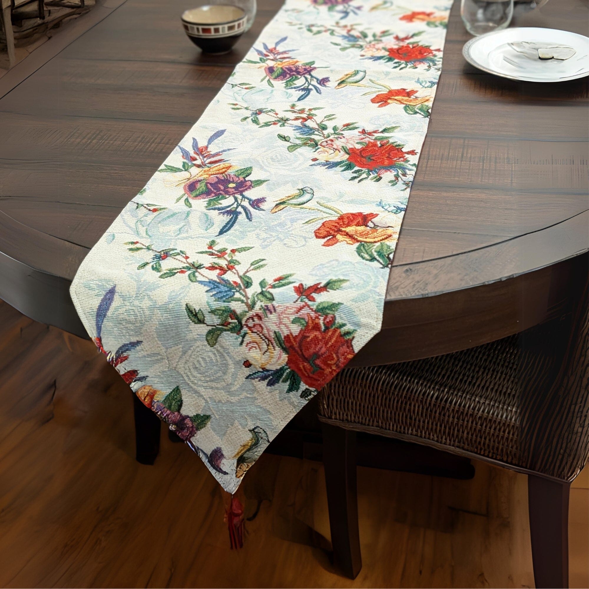 DaDa Bedding Floral Roses Tropical Paradise Birds Woven Tapestry Dining Table Runner (18116) - DaDa Bedding Collection
