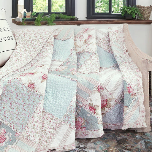 DaDa Bedding Cotton Cottage Floral Patchwork Quilted Throw Blanket - Reversible Hint of Mint - Ruffle Pastel Light Pink Blue/Green - 50 x 60 - DaDa Bedding Collection