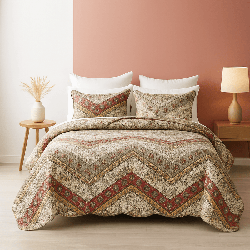 DaDa Bedding Rustic Bohemian Cranberry Sage Chevron Floral Bedspread Set (JHW-924)