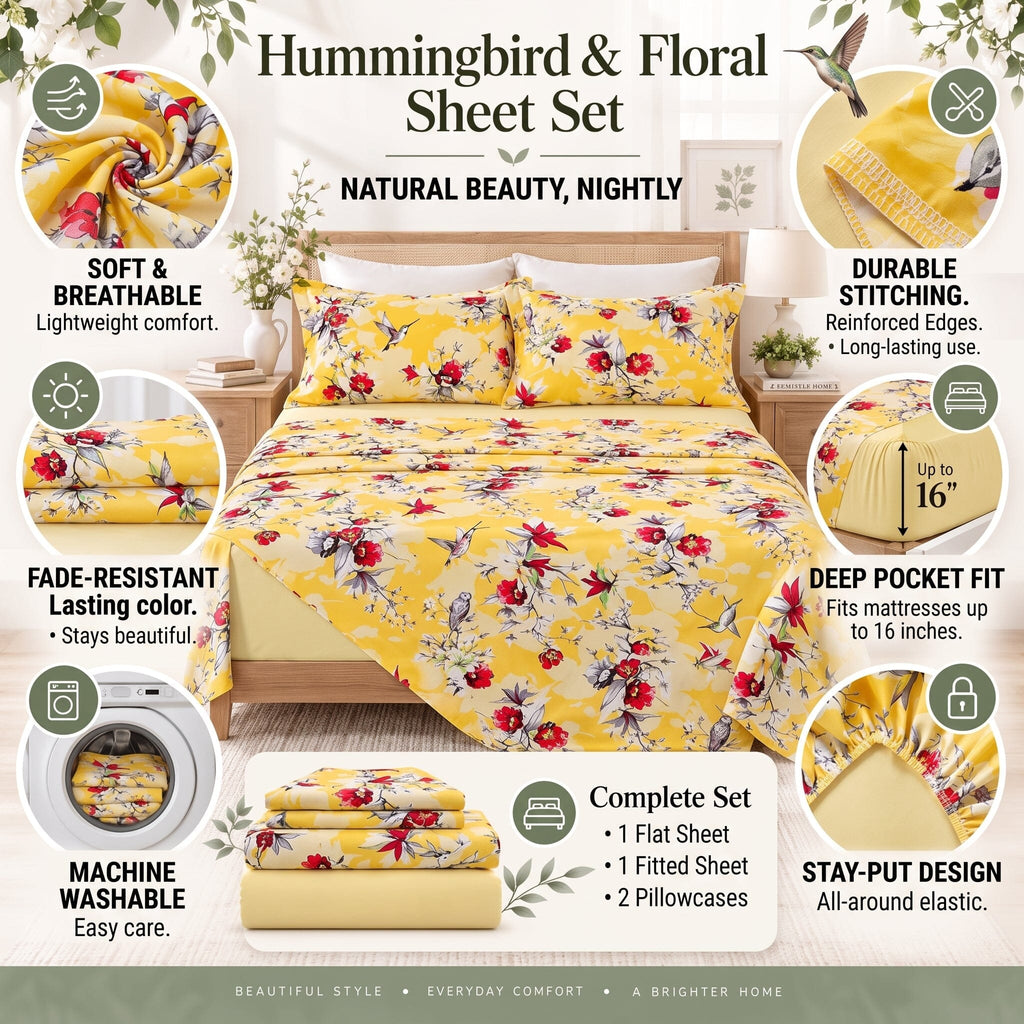 Sunshine Yellow Hummingbirds Floral Fitted & Flat Bed Sheets Set