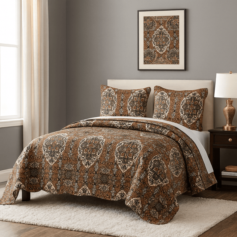 burnt orange quilt Patterned bedding set on a bed in a room with a lamp and framed art on the wall.