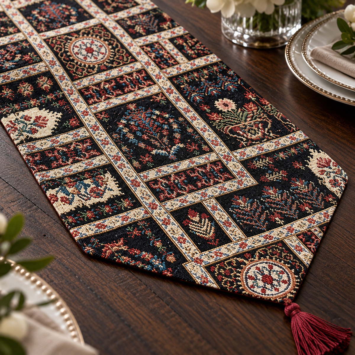 DaDalogy Bedding Elegant Woven Mughal Floral Tapestry Table Runner, Dark Noir Botanical Vintage Fleur (18197)