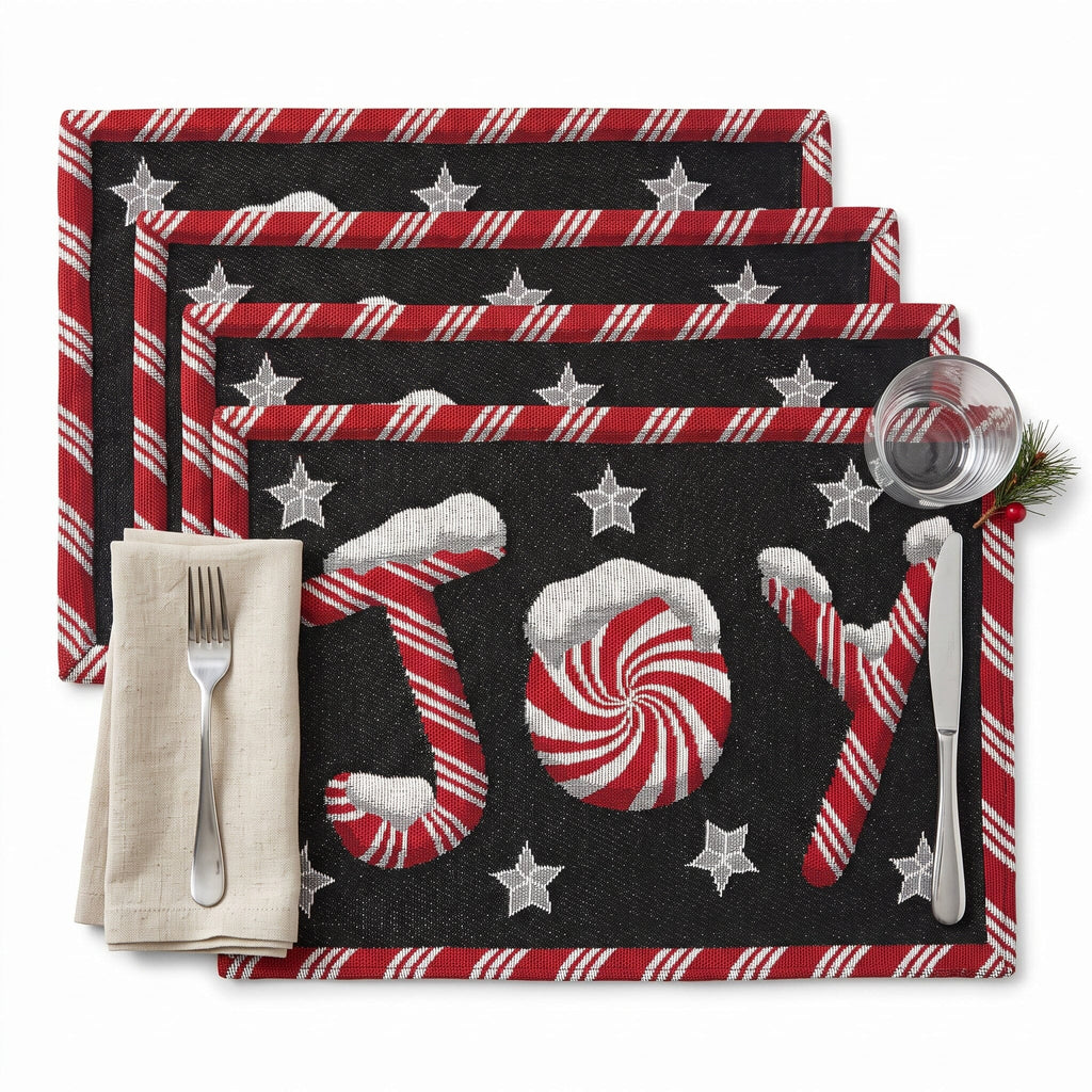 Set of 4-Pieces Peppermint Joy Holiday Tapestry Placemats 13” x 19” Festive
