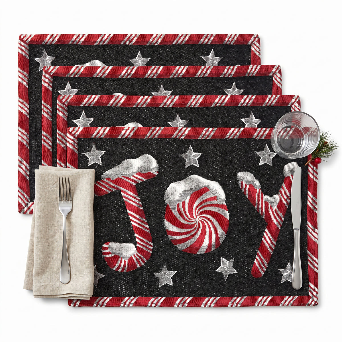 Set of 4-Pieces Peppermint Joy Holiday Tapestry Placemats 13” x 19” Festive
