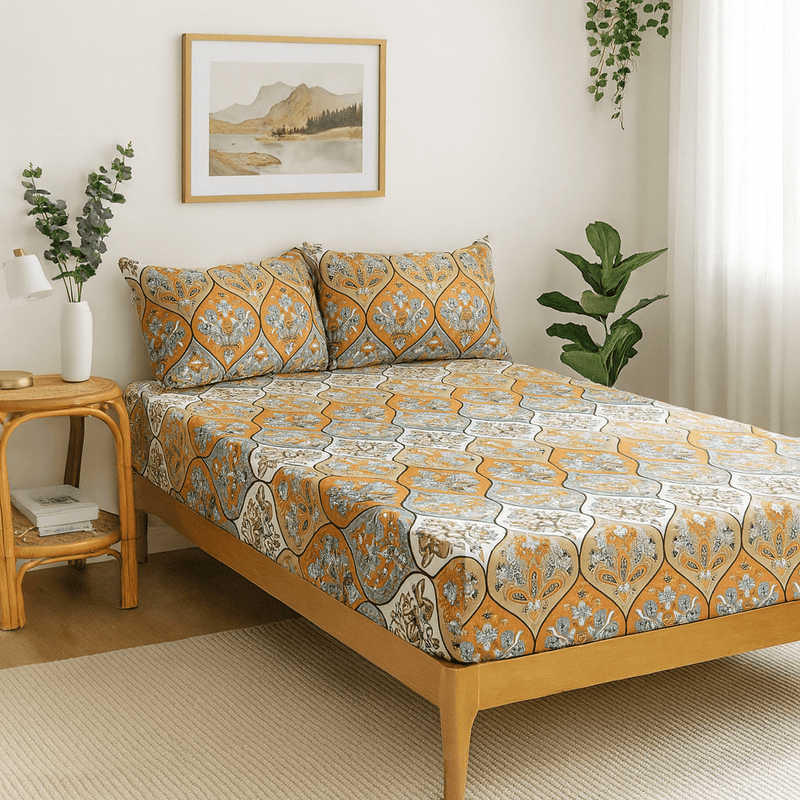Bed with patterned bedding in a bedroom setting with plants and a side table.