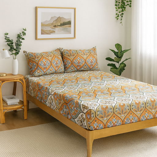 Bed with patterned bedding in a bedroom setting with plants and a side table.