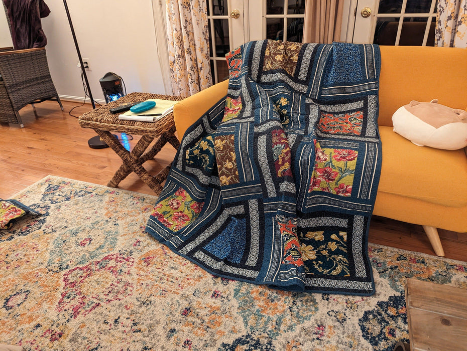 DaDa Bedding Bohemian Floral Midnight Ocean Blue Cotton Patchwork Bedspread Set (JHW-572) - DaDa Bedding Collection
