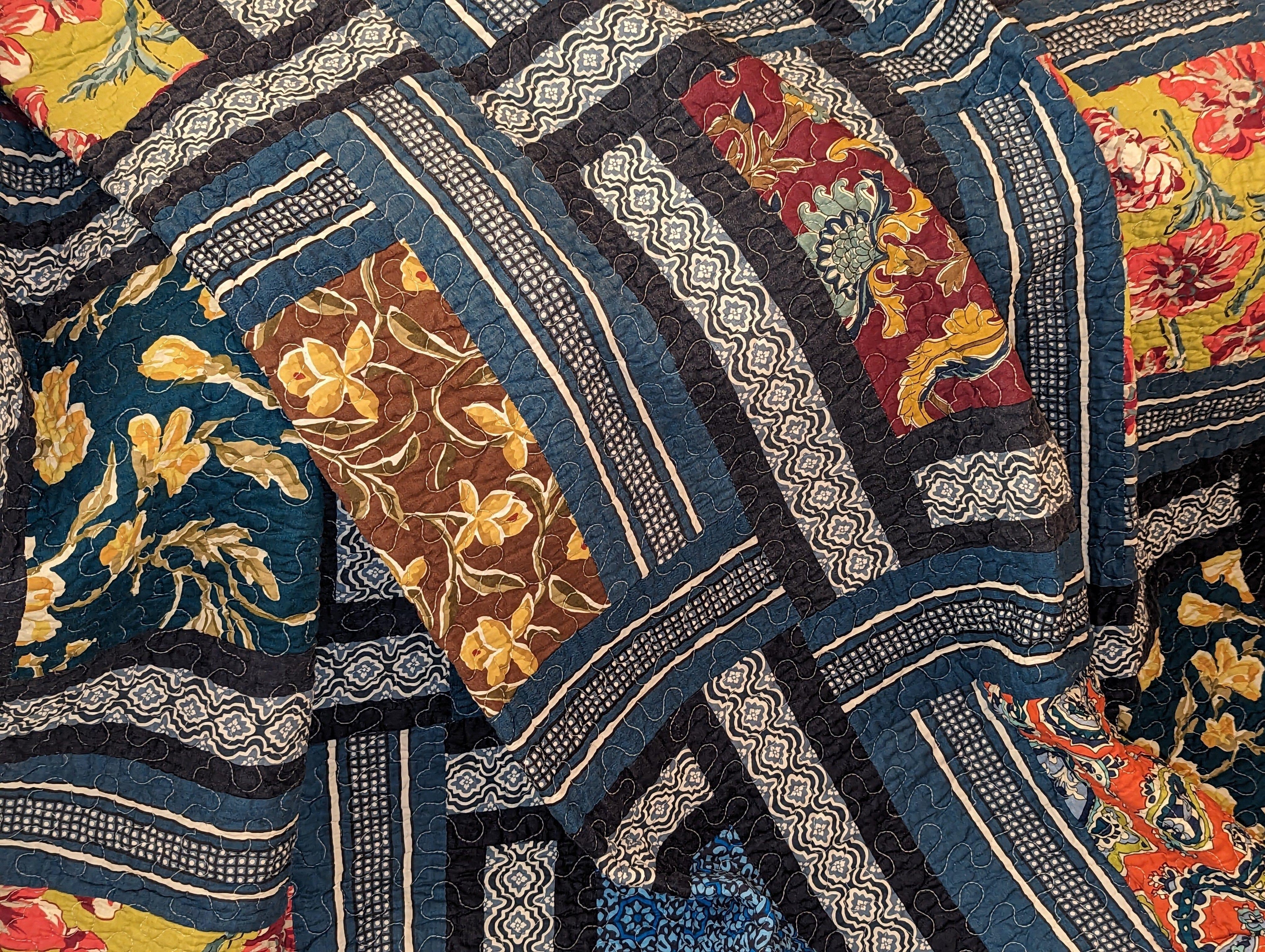 DaDa Bedding Bohemian Floral Midnight Ocean Blue Cotton Patchwork Bedspread Set (JHW-572) - DaDa Bedding Collection
