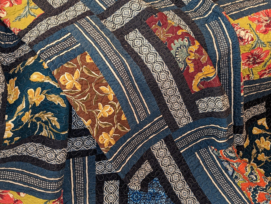 DaDa Bedding Bohemian Floral Midnight Ocean Blue Cotton Patchwork Bedspread Set (JHW-572) - DaDa Bedding Collection