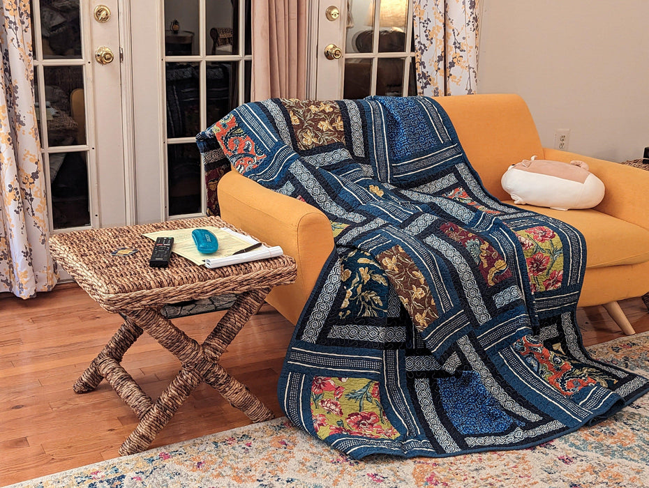 DaDa Bedding Bohemian Floral Midnight Ocean Blue Cotton Patchwork Bedspread Set (JHW-572) - DaDa Bedding Collection