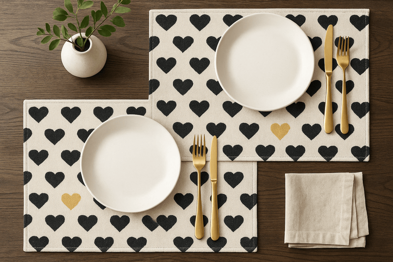 Table setting with heart-patterned placemats, white plates, gold cutlery, and a small plant.