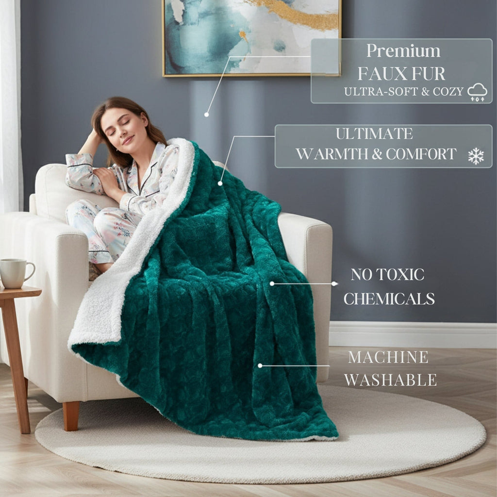 DaDa Bedding Mermaid Scales Emerald Green Blue w/ Sherpa Backside Faux Fur Throw Blanket (BL-171805)
