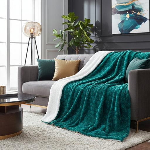 Teal blanket draped over a gray sofa in a living room with a plant and artwork.