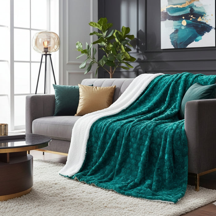 Teal blanket draped over a gray sofa in a living room with a plant and artwork.
